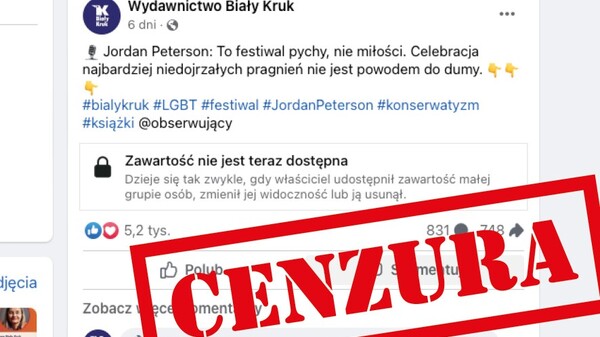 Facebook usuwa informacje Białego Kruka o treści katolickiej oraz patriotycznej! Konserwatyści i patrioci są traktowani jak faszyści