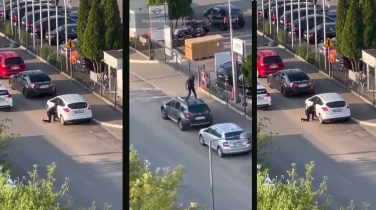 Migrant skacze po samochodzie